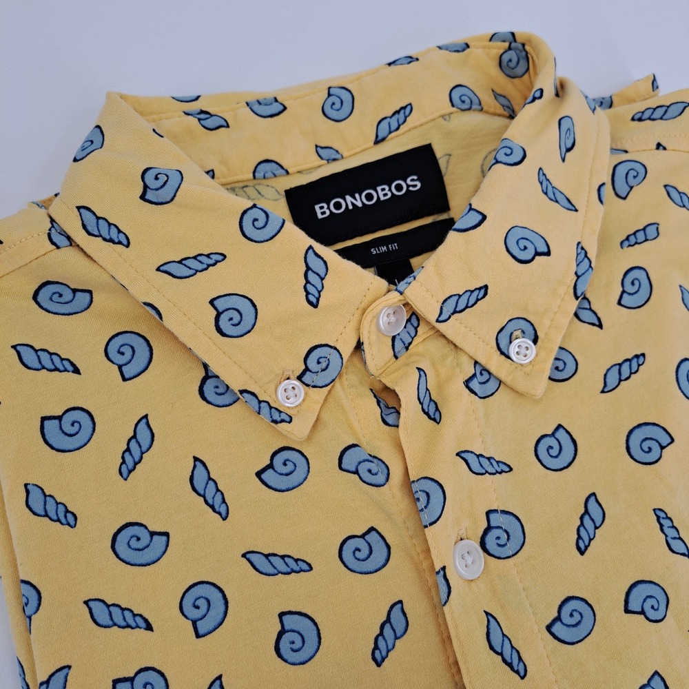 Bonobos Slim Fit Shirt Mens Large 100% Cotton Yellow Blue Seashell Short Sleeve